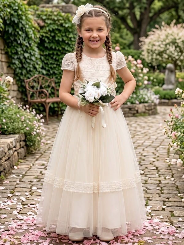 A-Line/Princess Scoop Lace Tulle Flower Girl Dresses Short Sleeves Floor-Length