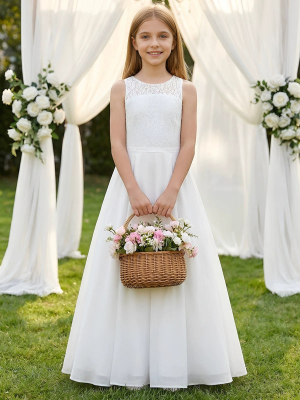 A-Line/Princess Scoop Lace Tulle Flower Girl Dresses Sleeveless Floor-Length