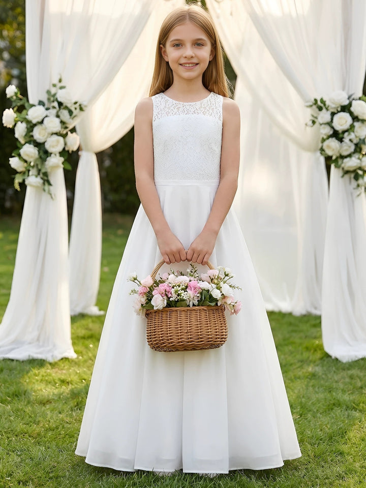 A-Line/Princess Scoop Lace Tulle Flower Girl Dresses Sleeveless Floor-Length
