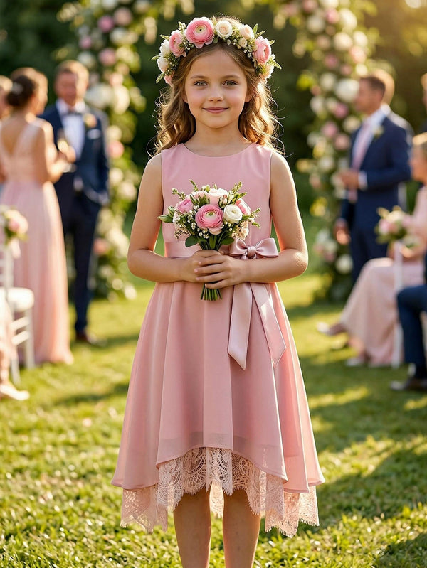 A-Line/Princess Scoop Lace Chiffon Flower Girl Dresses Sleeveless Tea-Length With Bowknot