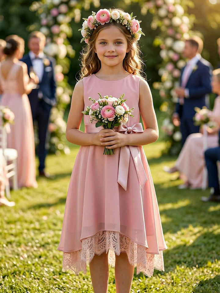 A-Line/Princess Scoop Lace Chiffon Flower Girl Dresses Sleeveless Tea-Length With Bowknot