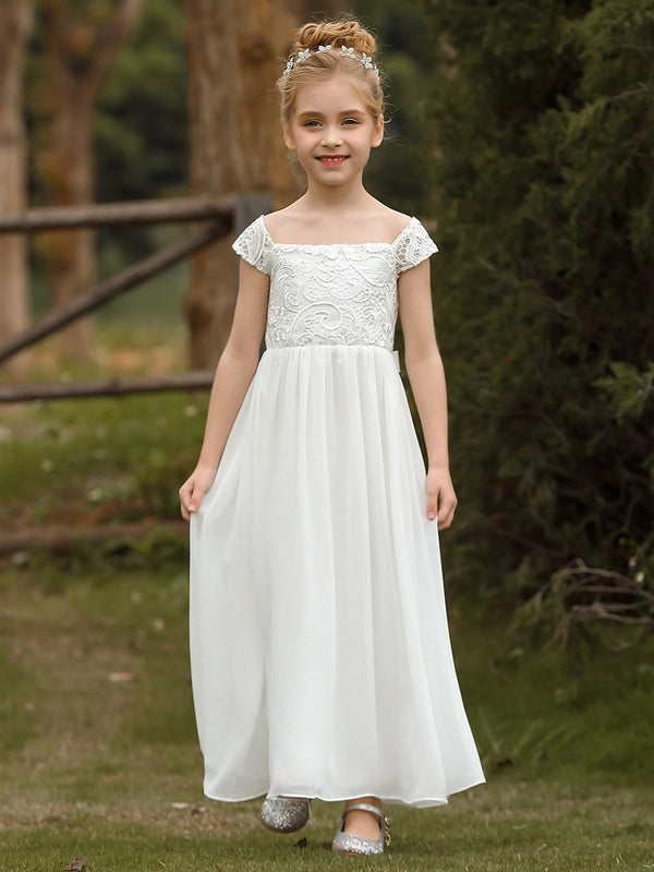 A-Line/Princess Scoop Lace Chiffon Flower Girl Dresses Sleeveless Ankle-Length With Bowknot