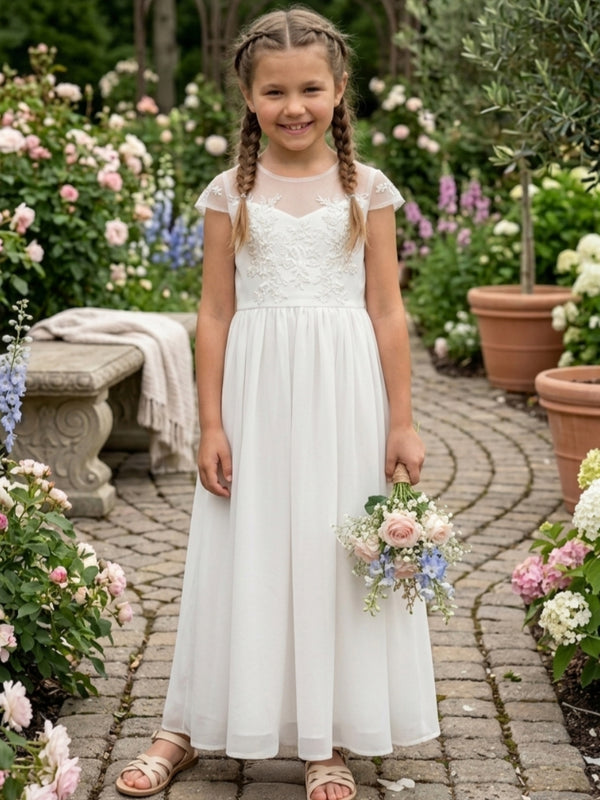 A-Line/Princess Scoop Lace Chiffon Flower Girl Dresses Short Sleeves Ankle-Length