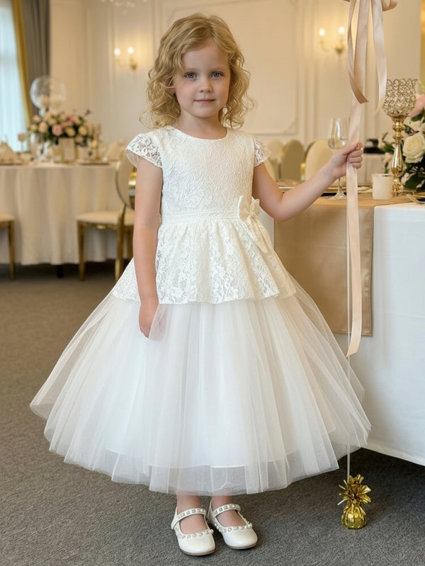 A-Line/Princess Scoop Lace Tulle Flower Girl Dresses Short Sleeves Ankle-Length With Bowknot