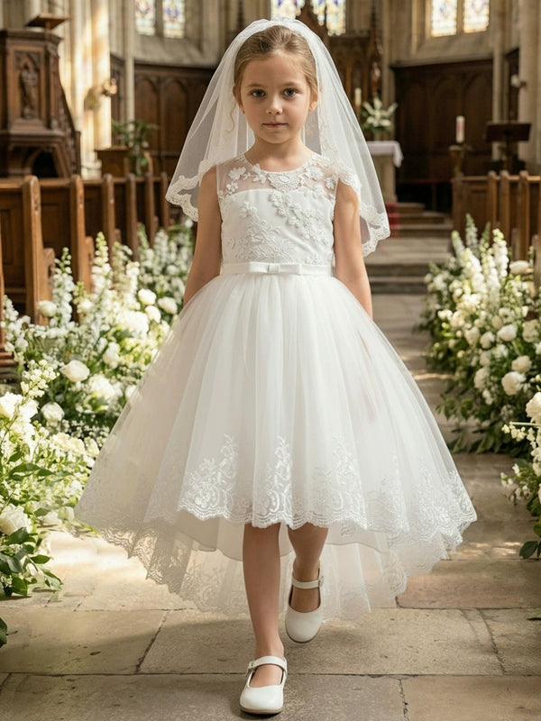 A-Line/Princess Scoop Lace Tulle Flower Girl Dresses Short Sleeves Asymmetrical Ankle-Length With Bowknot