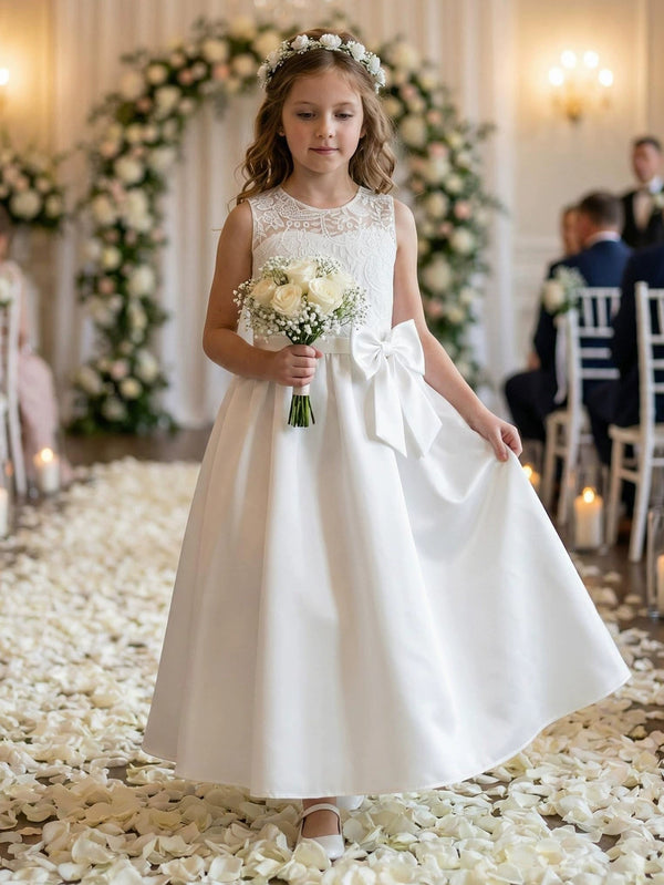 A-Line/Princess Scoop Lace Satin Flower Girl Dresses Sleeveless Ankle-Length With Bowknot