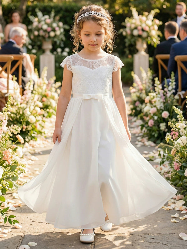 A-Line/Princess Scoop Lace Tulle Flower Girl Dresses Short Sleeves Ankle-Length With Bowknot