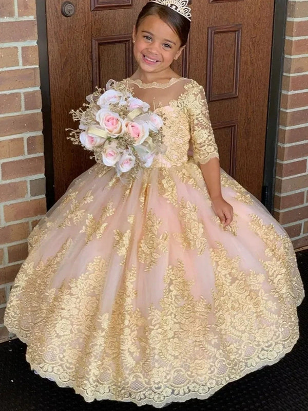 A-Line/Princess Scoop Lace Flower Girl Dresses Half Sleeves Floor-Length With Bowknot