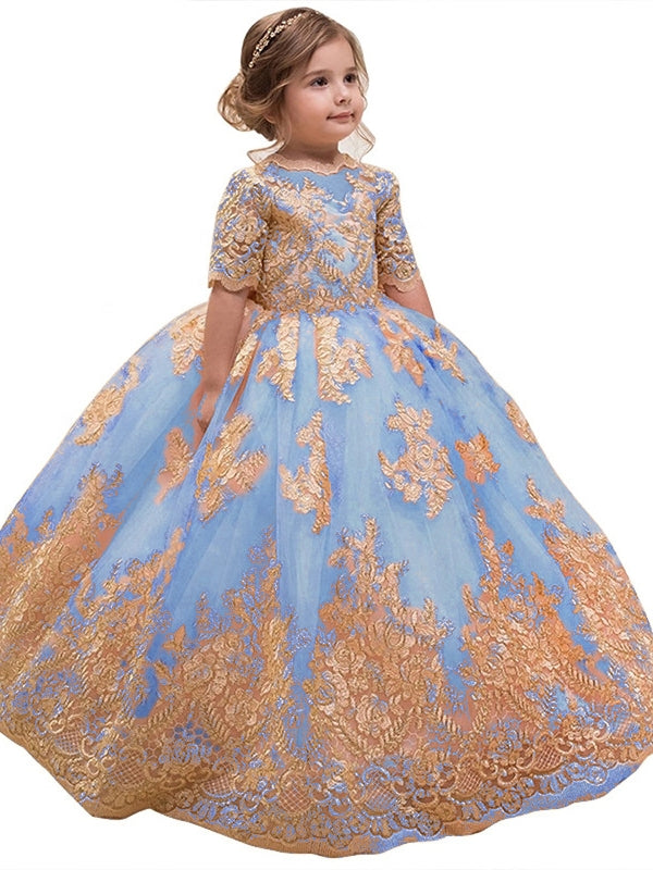 A-Line/Princess Scoop Lace Flower Girl Dresses Half Sleeves Floor-Length With Bowknot