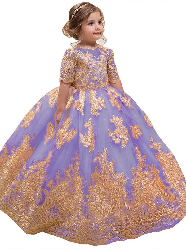 A-Line/Princess Scoop Lace Flower Girl Dresses Half Sleeves Floor-Length With Bowknot