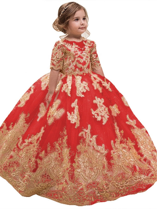 A-Line/Princess Scoop Lace Flower Girl Dresses Half Sleeves Floor-Length With Bowknot