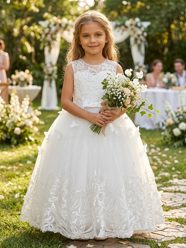 A-Line/Princess Scoop Lace Tulle Flower Girl Dresses Sleeveless Floor-Length With Bowknot&3D Butterfly