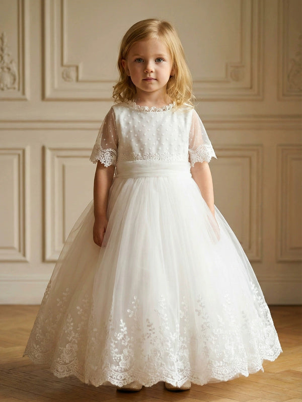 A-Line/Princess Scoop Lace Tulle Flower Girl Dresses Half Sleeves Floor-Length