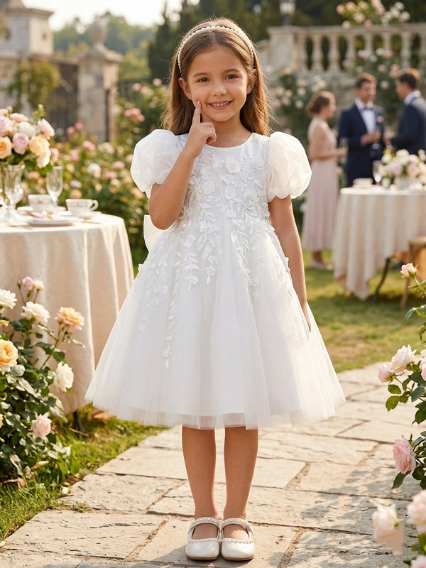 A-Line/Princess Scoop Lace Tulle Flower Girl Dresses Puff Sleeves Tea-Length With Bowknot