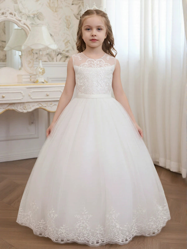 A-Line/Princess Scoop Tulle Lace Flower Girl Dresses Sleeveless Floor-Length