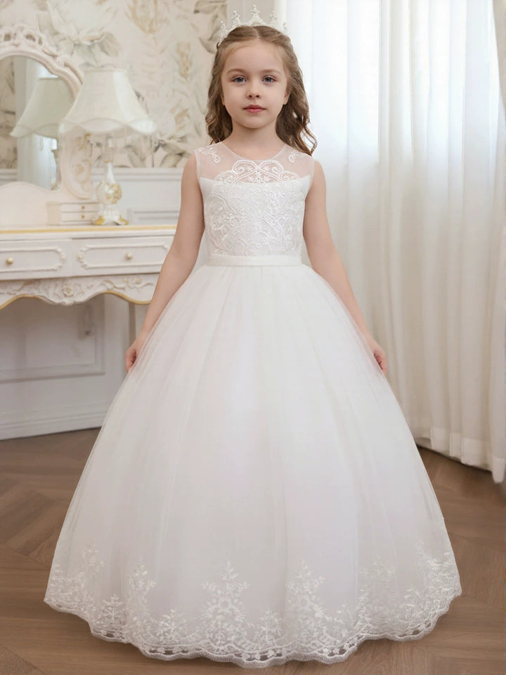 A-Line/Princess Scoop Tulle Lace Flower Girl Dresses Sleeveless Floor-Length