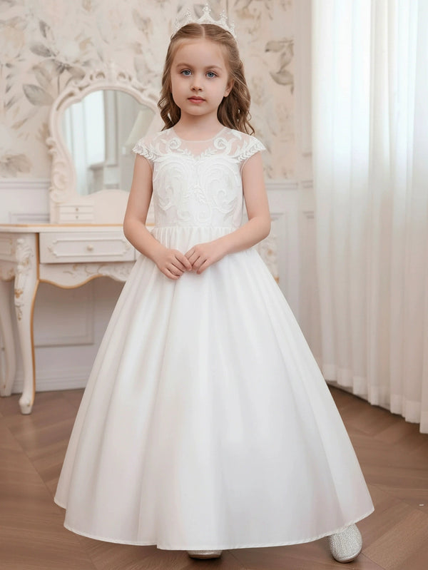 A-Line/Princess Scoop Tulle Lace Flower Girl Dresses Short Sleeves Floor-Length With Bowknot