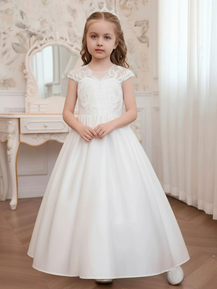 A-Line/Princess Scoop Tulle Lace Flower Girl Dresses Short Sleeves Floor-Length With Bowknot