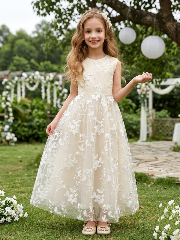 A-Line/Princess Scoop Tulle Lace Flower Girl Dresses Sleeveless Ankle-Length With Bowknot