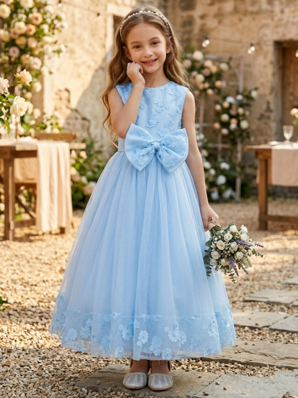 A-Line/Princess Scoop Tulle Lace Flower Girl Dresses Sleeveless Ankle-Length With Bowknot