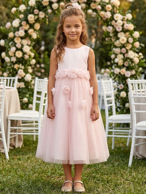 A-Line/Princess Scoop Stretch Satin Flower Girl Dresses Sleeveless Tea-Length With 3D Flowers