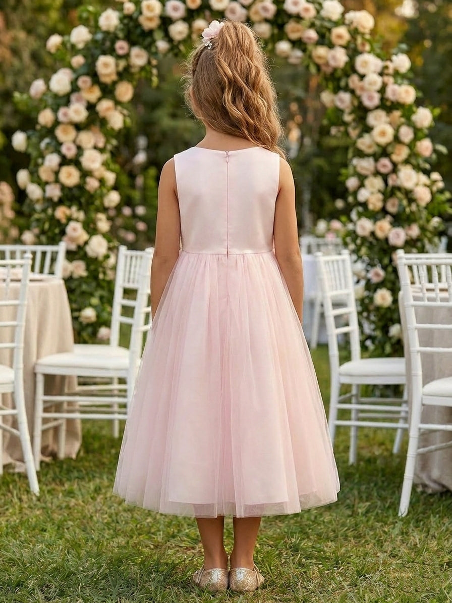 A-Line/Princess Scoop Stretch Satin Flower Girl Dresses Sleeveless Tea-Length With 3D Flowers