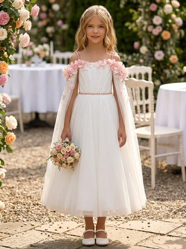 A-Line/Princess Off-the-Shoulder Satin Tulle Flower Girl Dresses Sleeveless Tea-Length With 3D Flowers