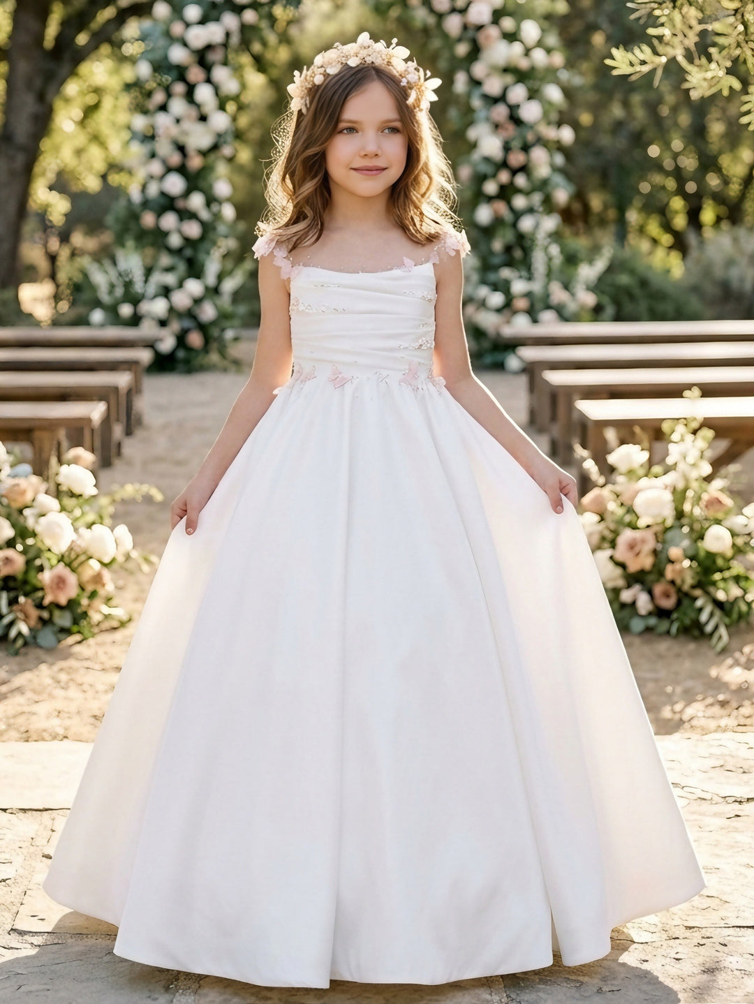 A-Line/Princess Scoop Satin Flower Girl Dresses Sleeveless Floor-Length With Bowknot&3D Flowers