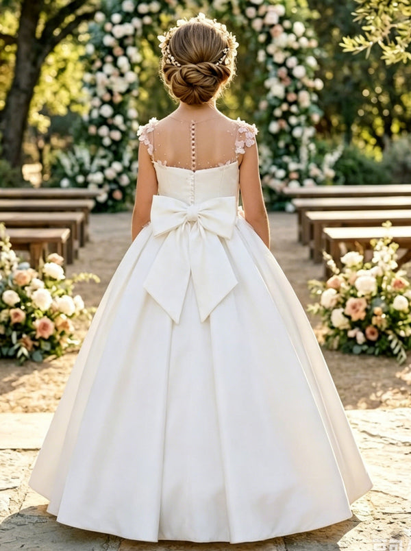 A-Line/Princess Scoop Satin Flower Girl Dresses Sleeveless Floor-Length With Bowknot&3D Flowers