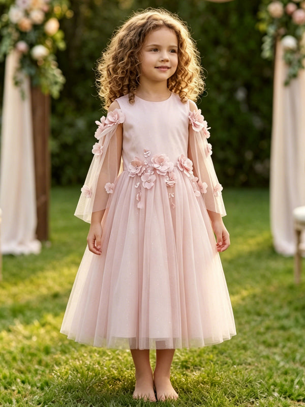 A-Line/Princess Scoop Satin Tulle Flower Girl Dresses Cape Sleeves Tea-Length With 3D Flowers