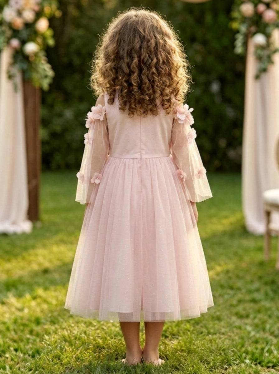A-Line/Princess Scoop Satin Tulle Flower Girl Dresses Cape Sleeves Tea-Length With 3D Flowers