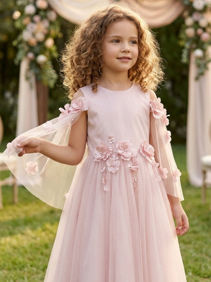 A-Line/Princess Scoop Satin Tulle Flower Girl Dresses Cape Sleeves Tea-Length With 3D Flowers