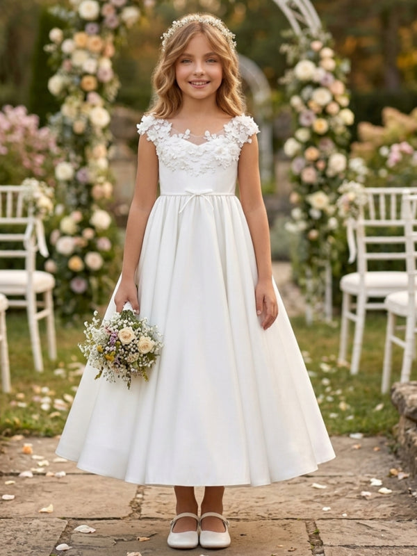 A-Line/Princess V-Neck Satin Flower Girl Dresses Sleeveless Ankle-Length With 3D Flowers