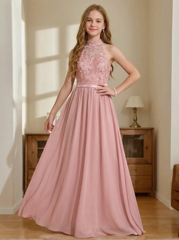 A-Line/Princess Halter Chiffon Sleeveless Floor-Length Lace Junior Bridesmaid Dresses