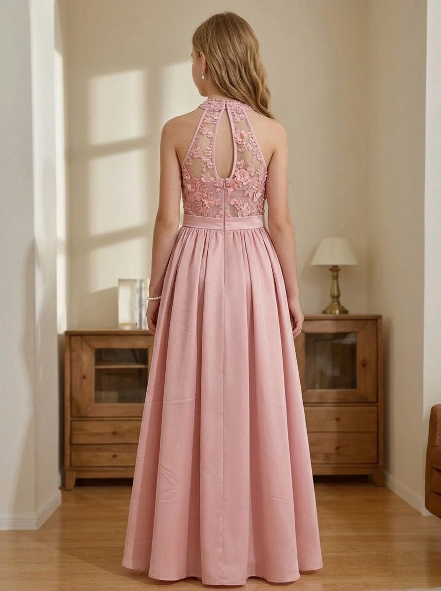 A-Line/Princess Halter Chiffon Sleeveless Floor-Length Lace Junior Bridesmaid Dresses