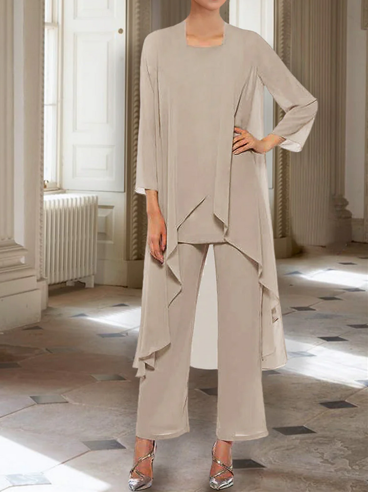 Chiffon Round Neck 3/4 Length Sleeves Ankle-Length Mother of the Bride Pantsuits with Jacket