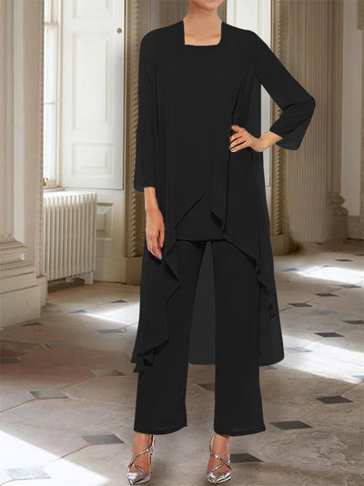 Chiffon V-Neck 3/4 Sleeves Plus Size Mother of the Bride Pantsuits with Jacket Lace Appliques Ankle-Length