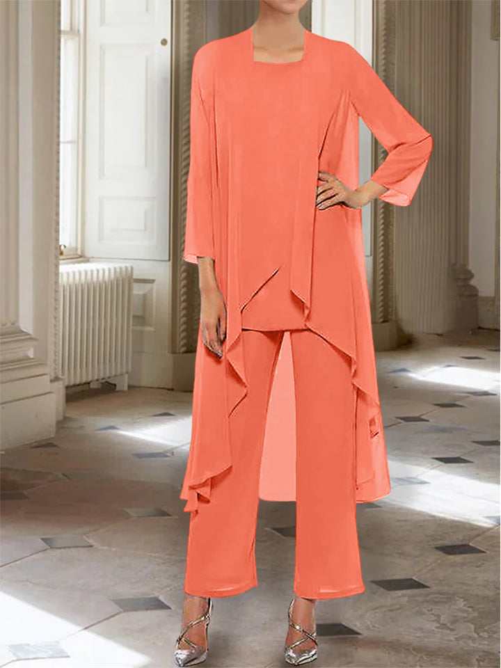 Chiffon Round Neck 3/4 Length Sleeves Ankle-Length Mother of the Bride Pantsuits with Jacket