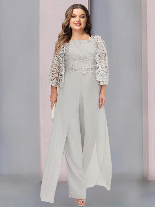 Chiffon V-Neck 3/4 Sleeves Plus Size Mother of the Bride Pantsuits with Jacket Lace Appliques Ankle-Length