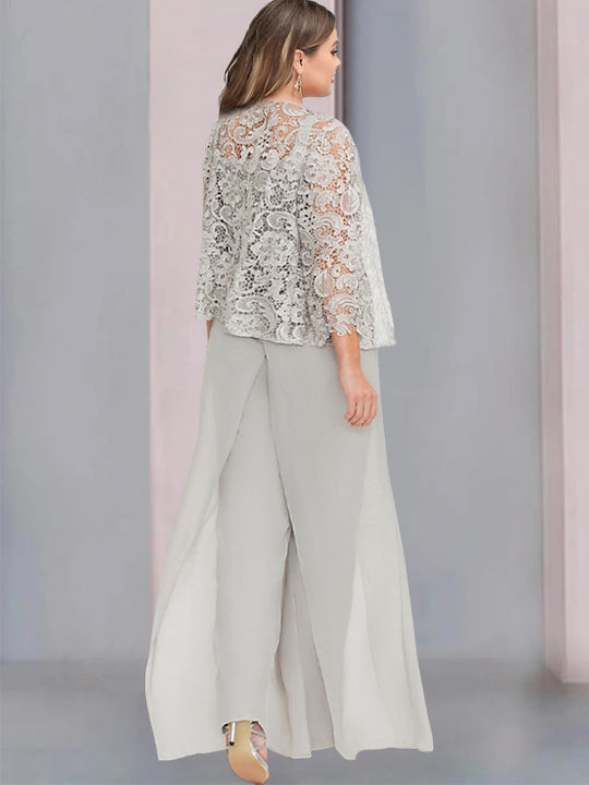 2 Pieces V-Neck Ruched Flutter Sleeves Floor-Length Beading Mother of the Bride Pantsuits main image 0