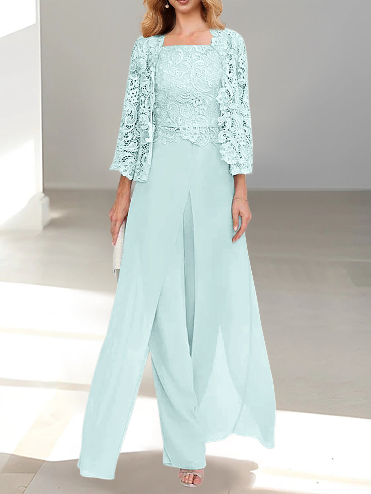 Chiffon Square Neck Floor-Length Mother of the Bride Pantsuits