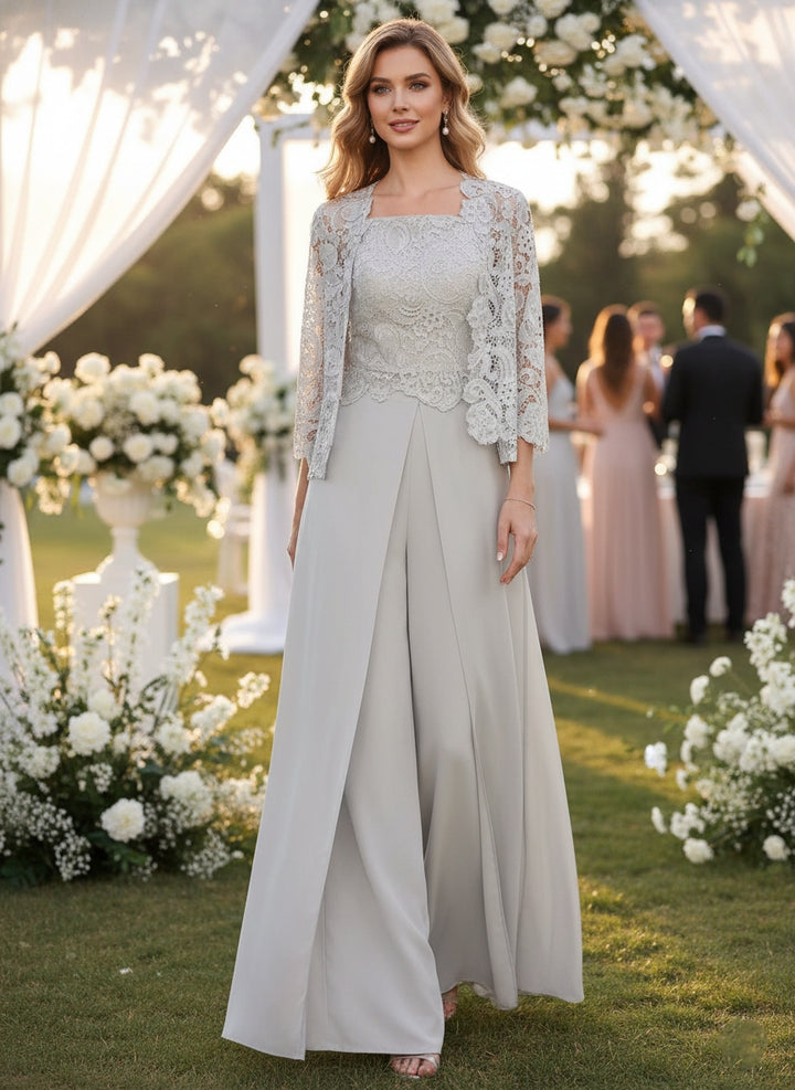Chiffon Square Neck Floor-Length Mother of the Bride Pantsuits with Jacket & Split Side