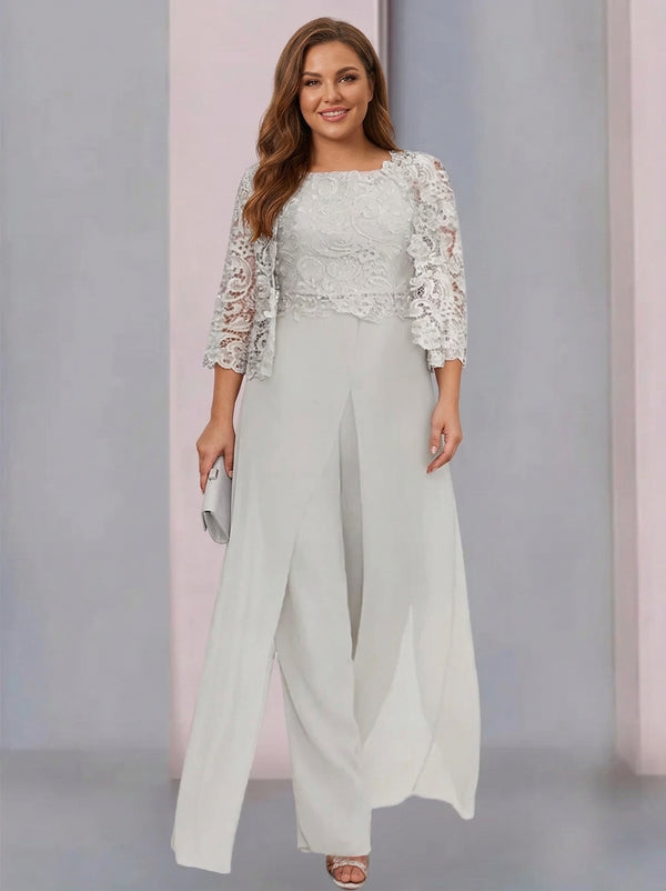 Chiffon Square Neck Floor-Length Plus Size Mother of the Bride Pantsuits with Jacket & Split Side