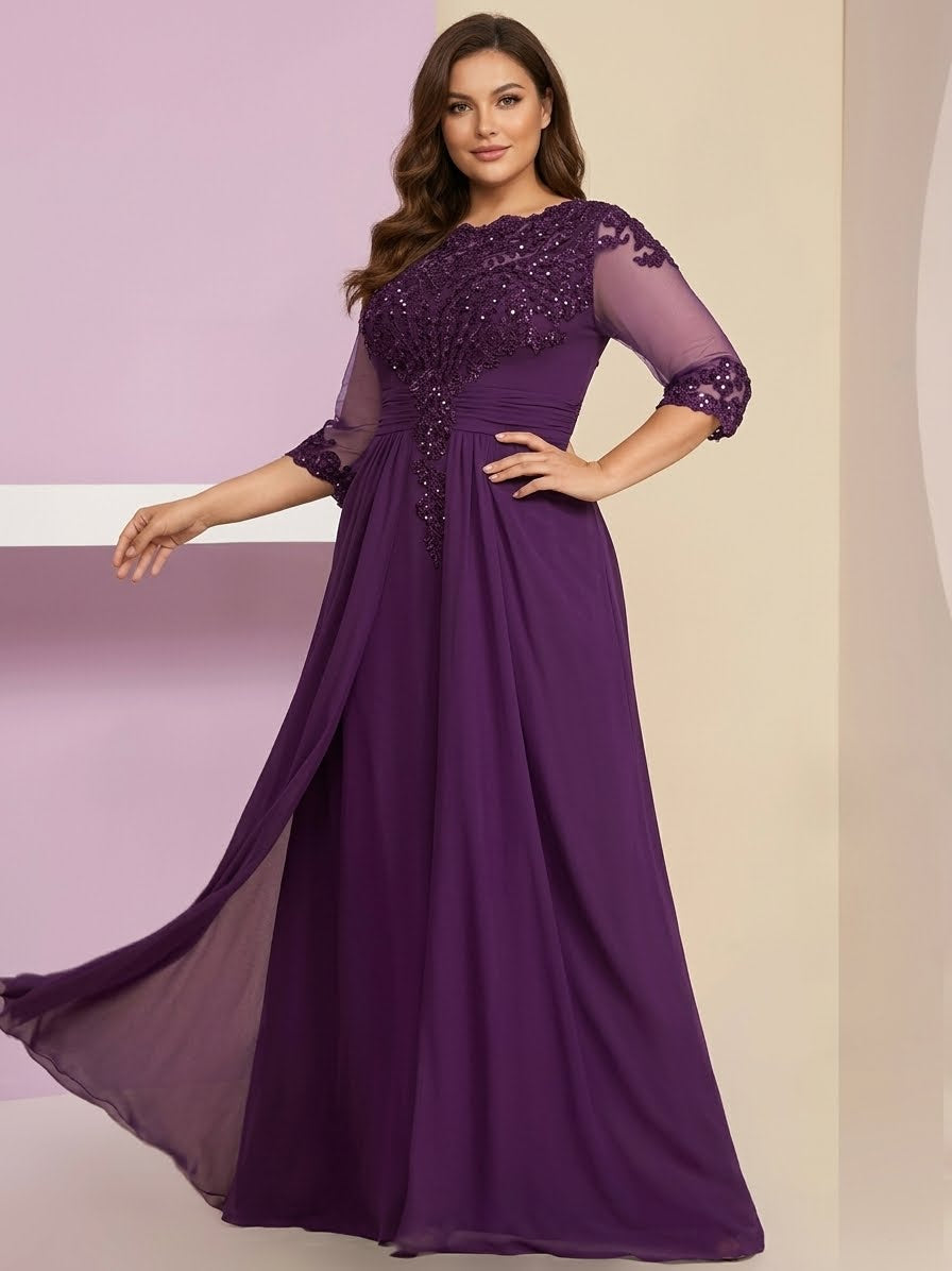 Plus Size Mother of the Bride Dresses 2026 Chic Women's Lace Chiffon A-Line Scoop Neck Floor Length Wedding Guest Party Formal Evening Gowns, Purple