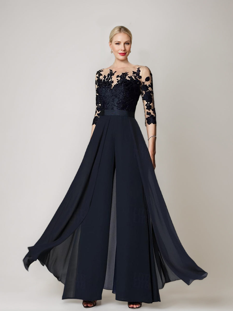 A-Line/Princess Jewel Neck 3/4 Length Sleeves Floor-Length Mother of the Bride Jumpsuits with Applique