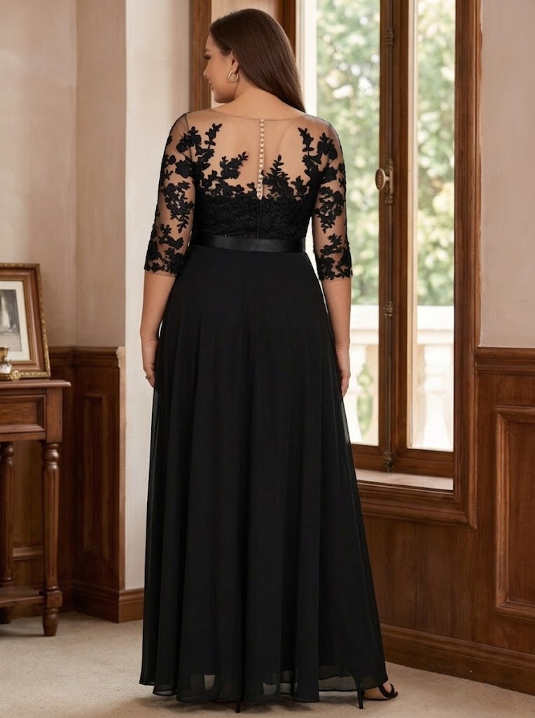 A-Line/Princess Jewel Neck 3/4 Length Sleeves Floor-Length Plus Size Mother of the Bride Pantsuits with Applique