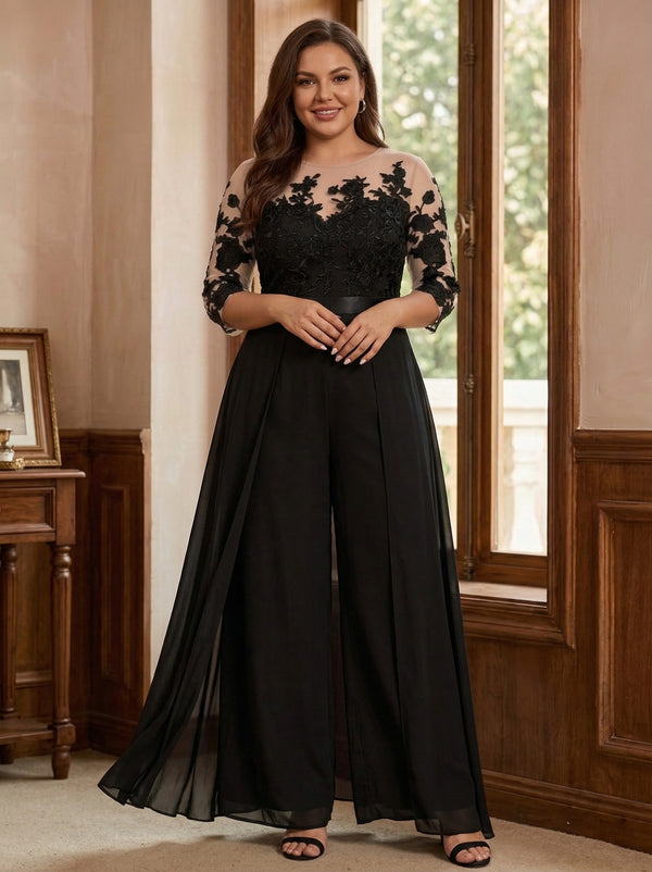 A-Line/Princess Jewel Neck 3/4 Length Sleeves Floor-Length Plus Size Mother of the Bride Pantsuits with Applique