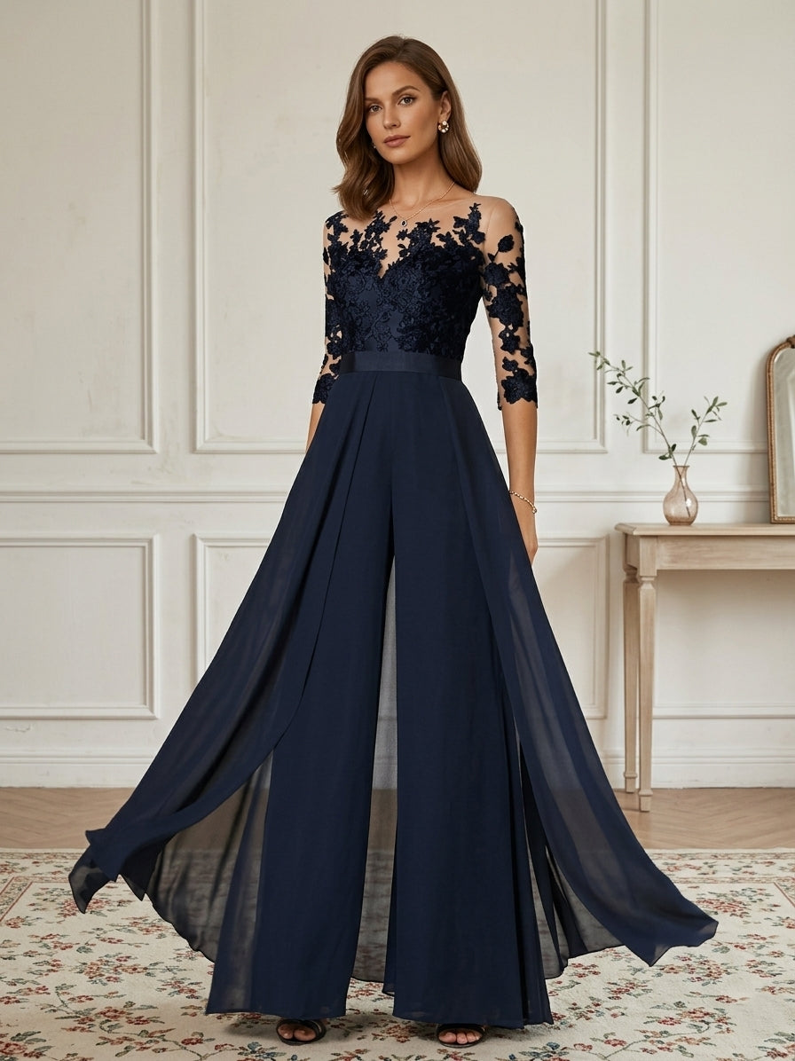 A-Line/Princess Jewel Neck 3/4 Length Sleeves Floor-Length Mother of the Bride Jumpsuits with Applique