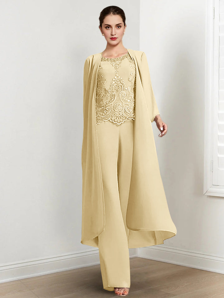 Chiffon Round Neck Floor-Length Mother Of The Bride Pantsuits With Jacket & Applique