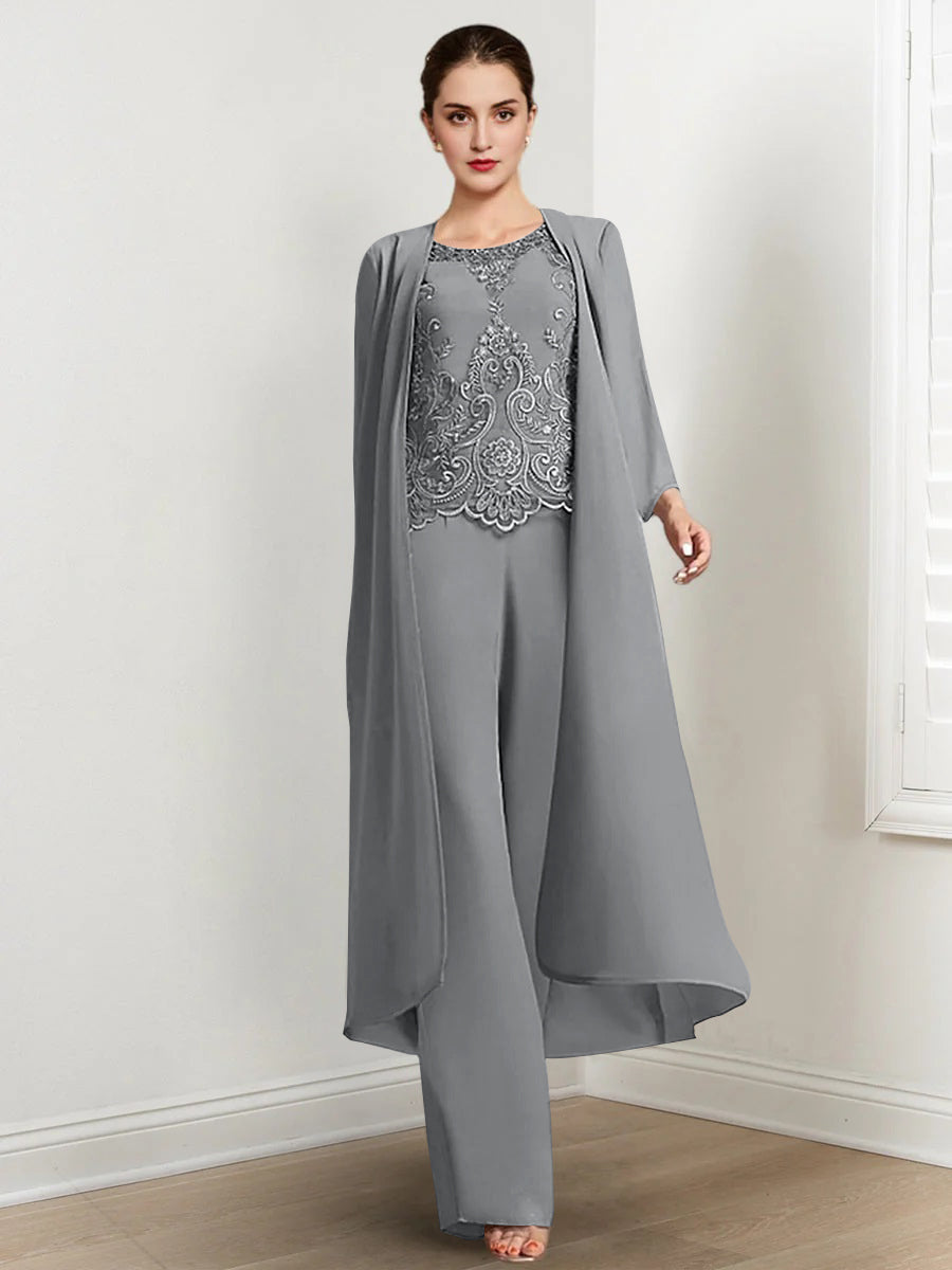 Chiffon Round Neck Floor-Length Mother Of The Bride Pantsuits With Jacket & Applique